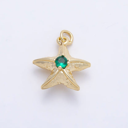 16K Gold Filled 14.5mm Green Teal CZ Textured 3D Multidimensional Starfish Charm | Charms-01255