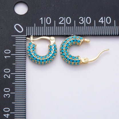 16K Gold Filled 14.5mm Turquoise Micro Paved CZ Chubby Latch Hoop Earrings | Earrings-00380