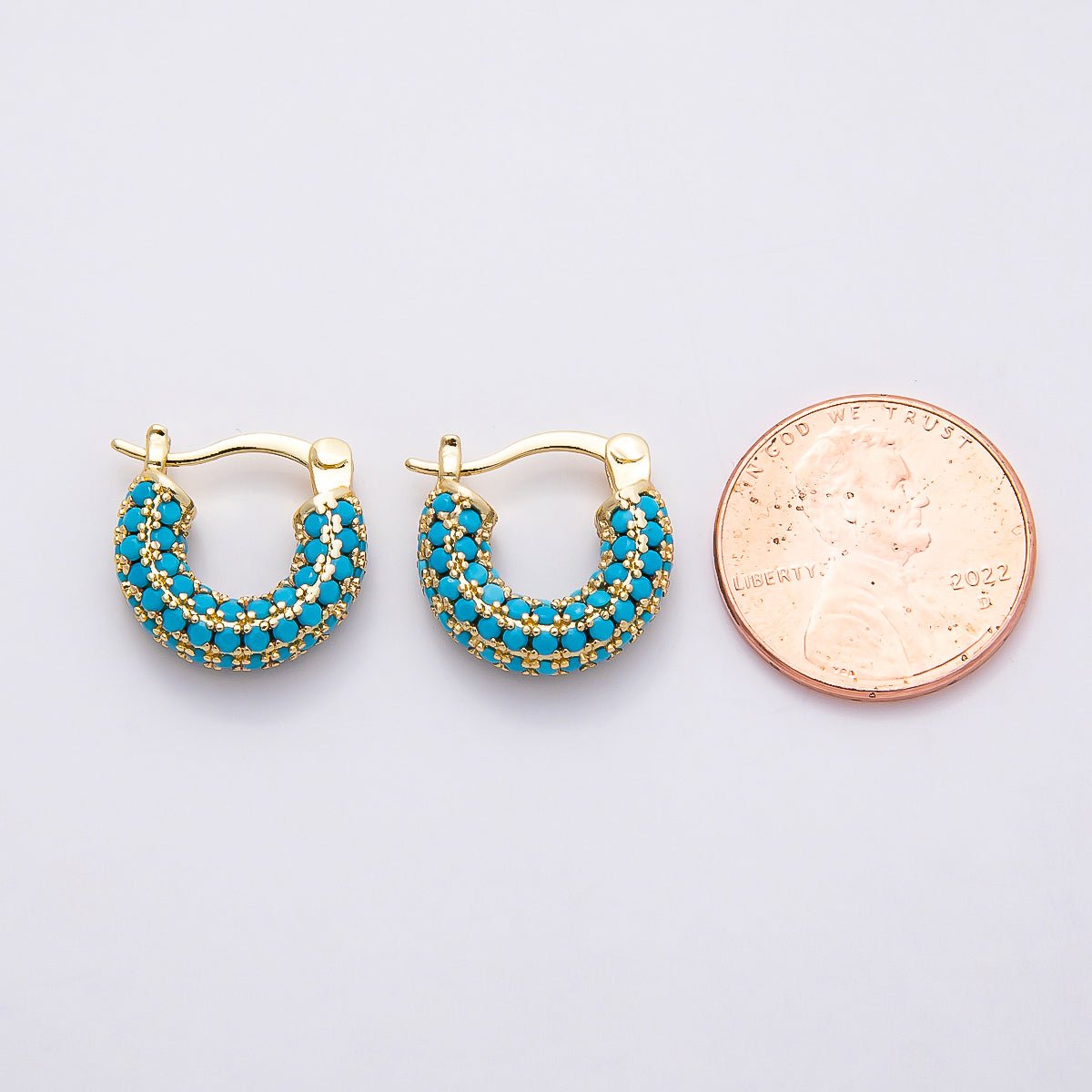 16K Gold Filled 14.5mm Turquoise Micro Paved CZ Chubby Latch Hoop Earrings | Earrings-00380