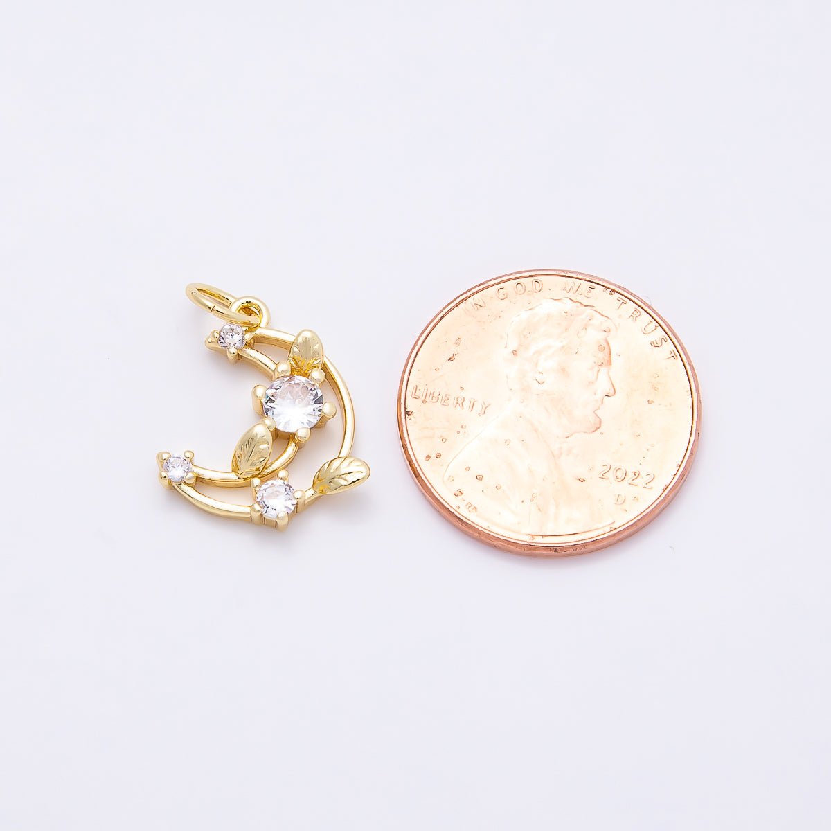 16K Gold Filled 14mm Clear CZ Celestial Crescent Moon Leaf Open Charm | Charms-00866