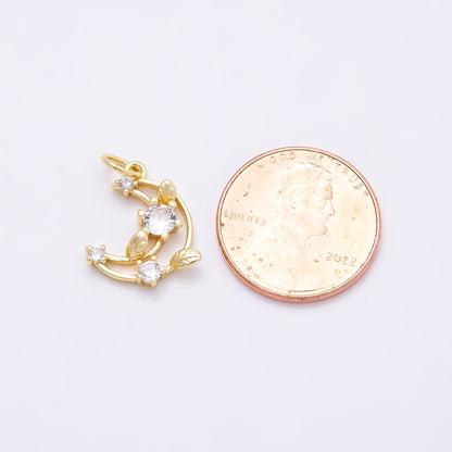 16K Gold Filled 14mm Clear CZ Celestial Crescent Moon Leaf Open Charm | Charms-00866