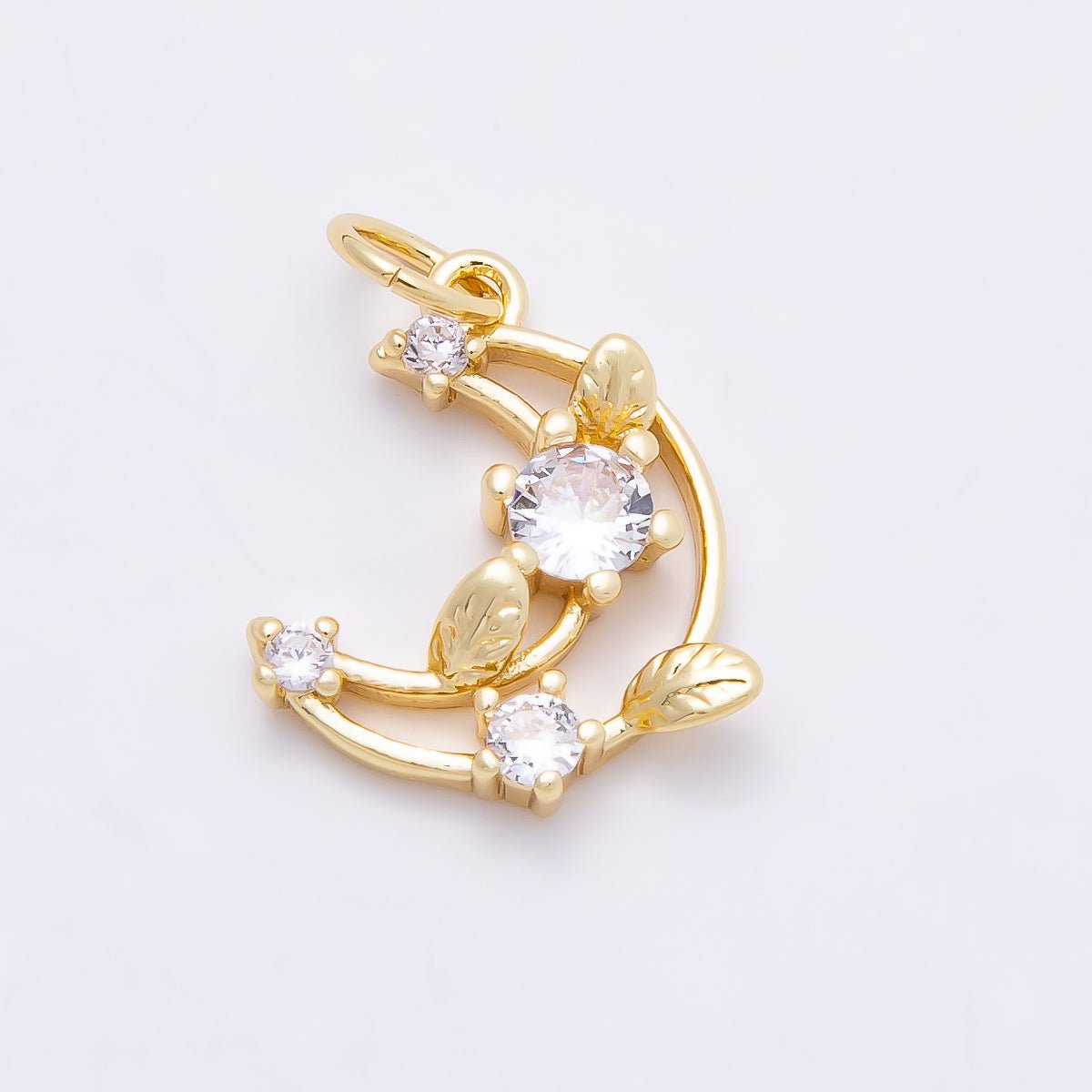 16K Gold Filled 14mm Clear CZ Celestial Crescent Moon Leaf Open Charm | Charms-00866