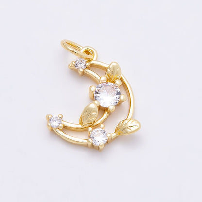 16K Gold Filled 14mm Clear CZ Celestial Crescent Moon Leaf Open Charm | Charms-00866