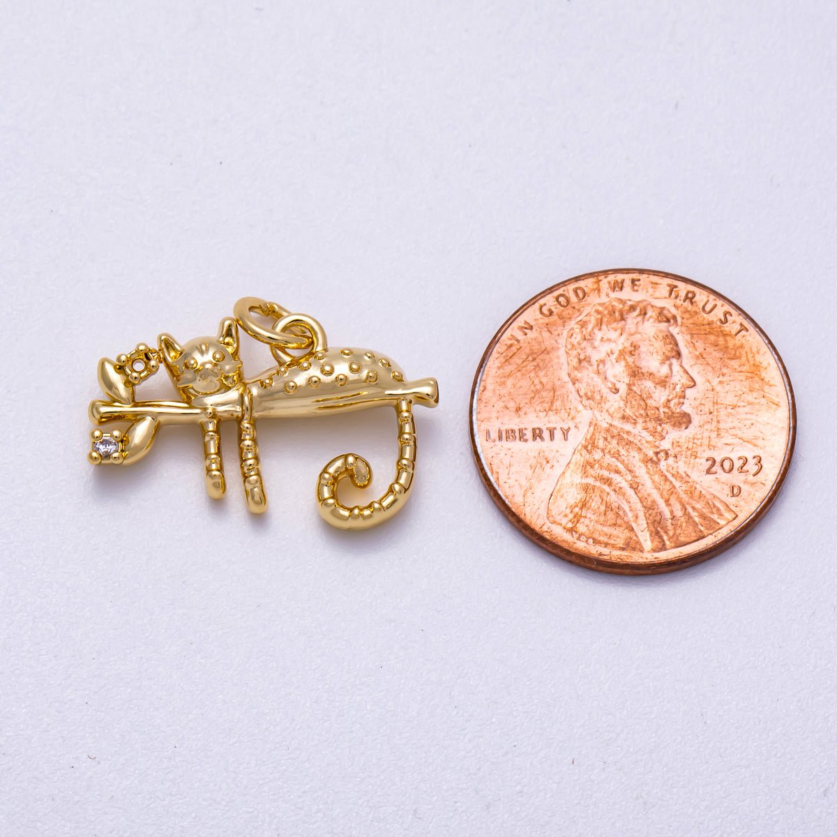 16K Gold Filled 14mm Clear CZ Tree Branch Cat Kitten Pet Animal Charm | Charms-00598