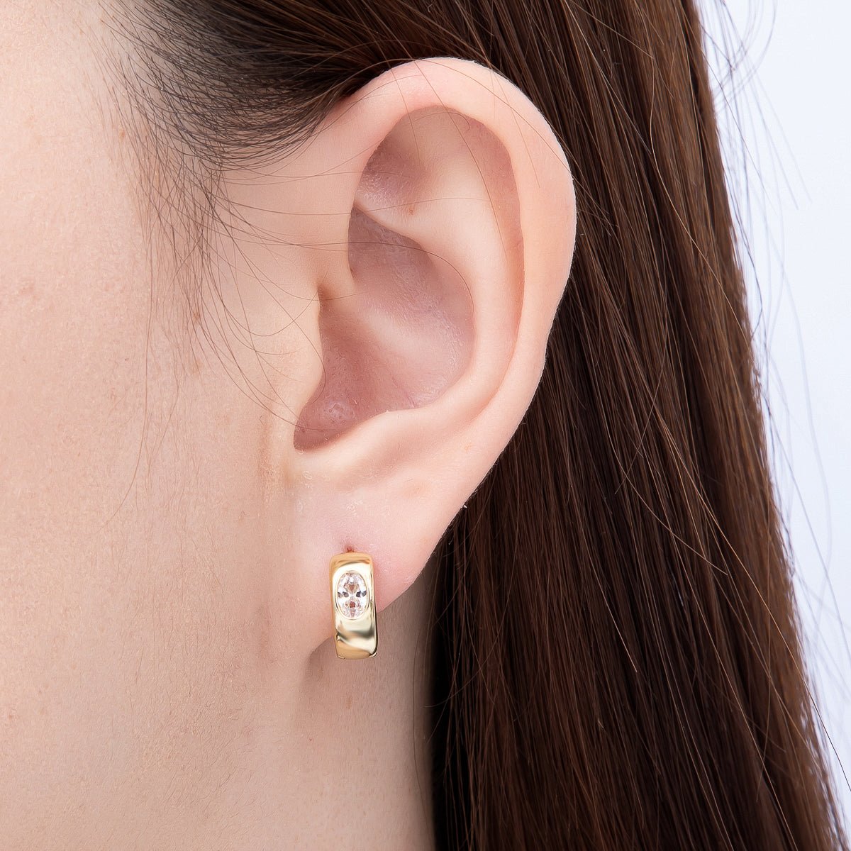16K Gold Filled 14mm Clear Oval CZ Minimalist Dome Oblong Huggie | Earrings-00699