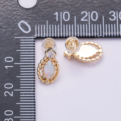 16K Gold Filled 14mm CZ Opal Navette Double Dotted Geometric Stud Earrings | Earrings-00459