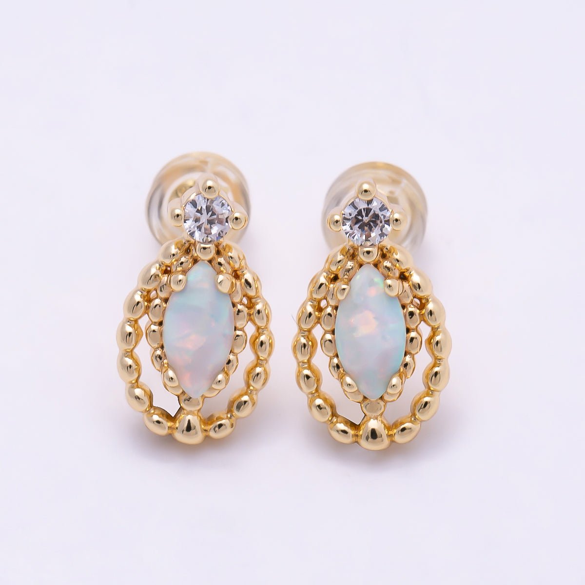 16K Gold Filled 14mm CZ Opal Navette Double Dotted Geometric Stud Earrings | Earrings-00459