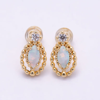 16K Gold Filled 14mm CZ Opal Navette Double Dotted Geometric Stud Earrings | Earrings-00459