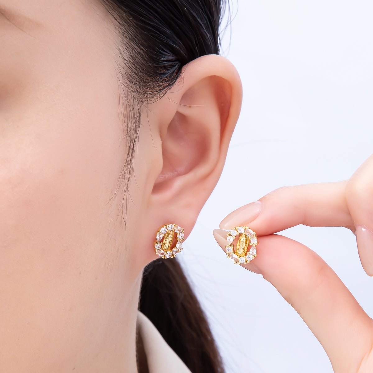 16K Gold Filled 14mm Lady Guadalupe Multi Cut CZ Open Oval Religious Stud Earrings | Earrings-00350
