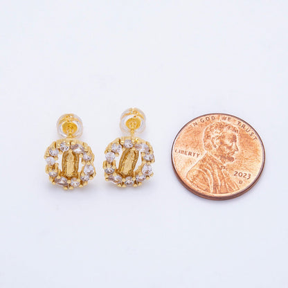 16K Gold Filled 14mm Lady Guadalupe Multi Cut CZ Open Oval Religious Stud Earrings | Earrings-00350