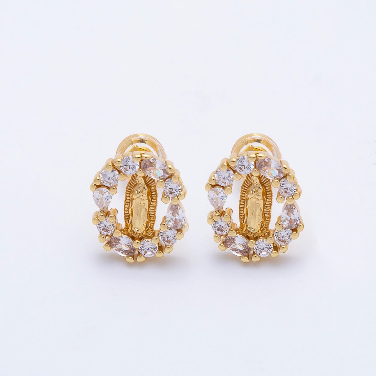 16K Gold Filled 14mm Lady Guadalupe Multi Cut CZ Open Oval Religious Stud Earrings | Earrings-00350