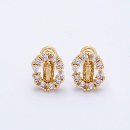 16K Gold Filled 14mm Lady Guadalupe Multi Cut CZ Open Oval Religious Stud Earrings | Earrings-00350
