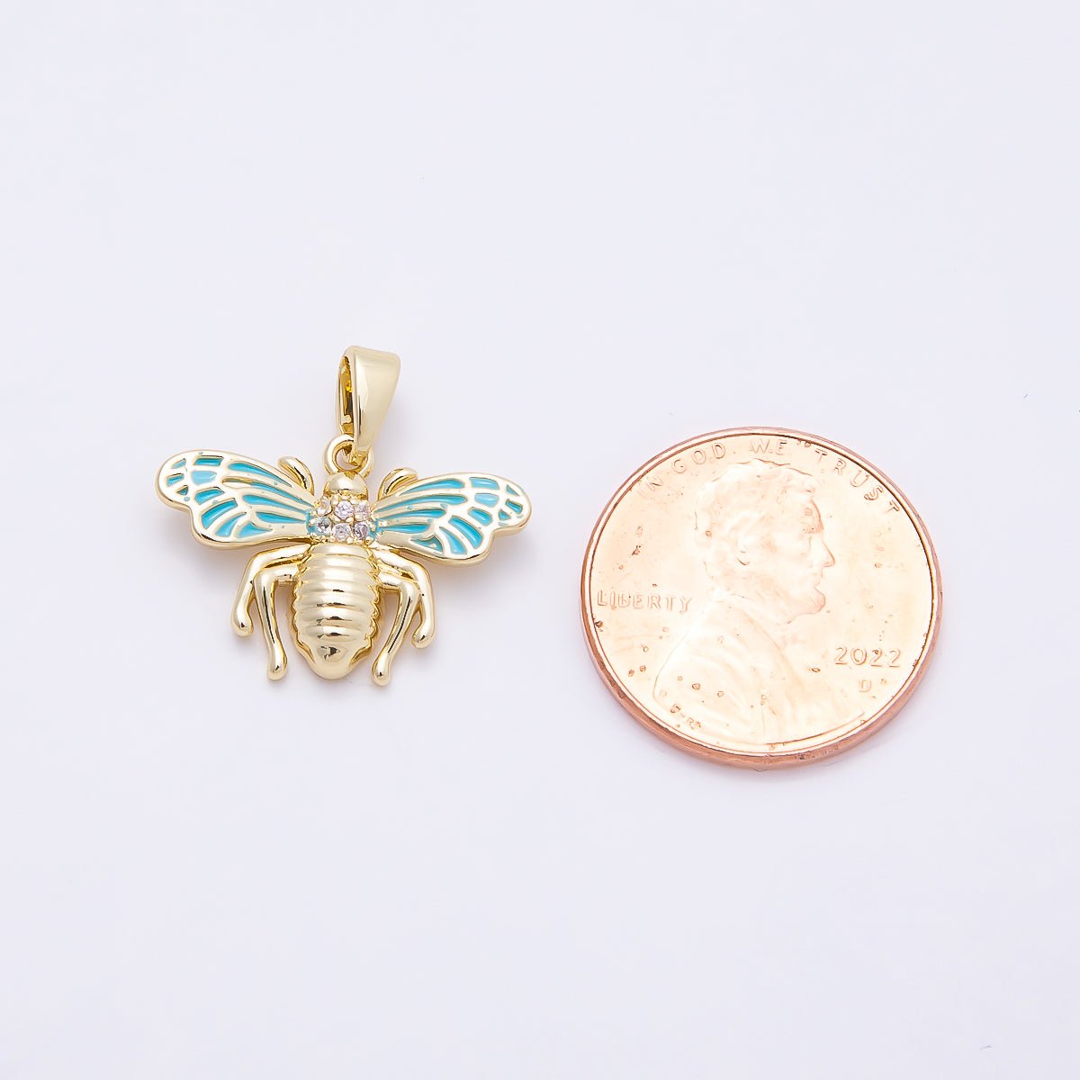 16K Gold Filled 14mm Micro Paved CZ Blue Enamel Bumble Bee Insect Pendant | Charms-00951