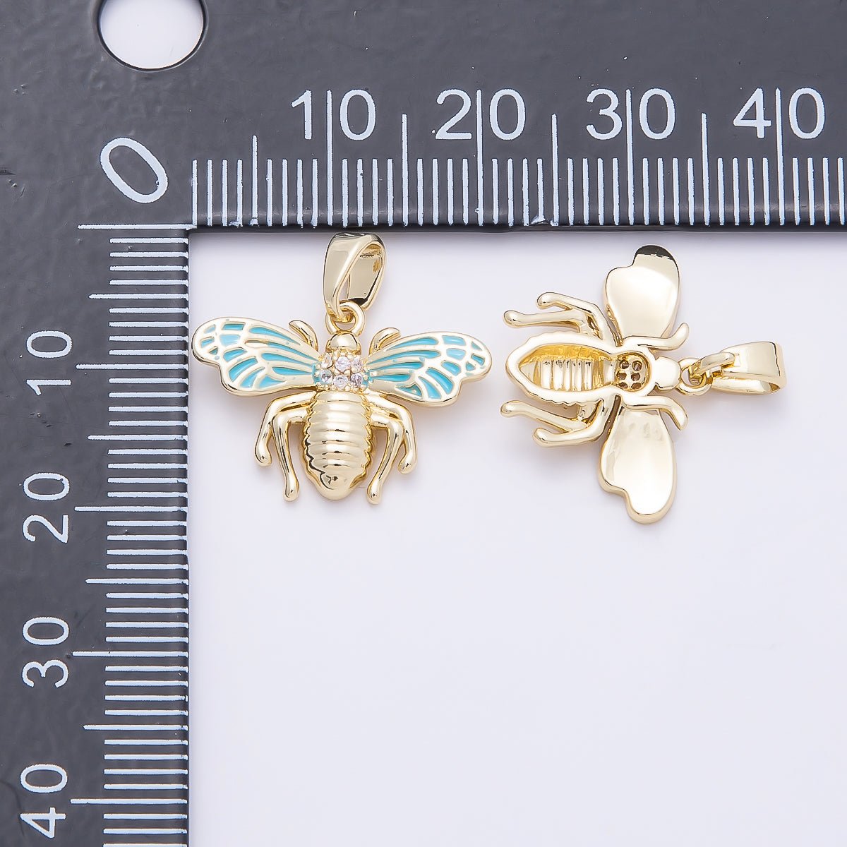16K Gold Filled 14mm Micro Paved CZ Blue Enamel Bumble Bee Insect Pendant | Charms-00951