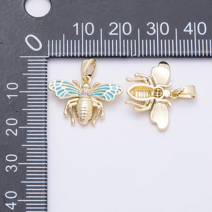 16K Gold Filled 14mm Micro Paved CZ Blue Enamel Bumble Bee Insect Pendant | Charms-00951