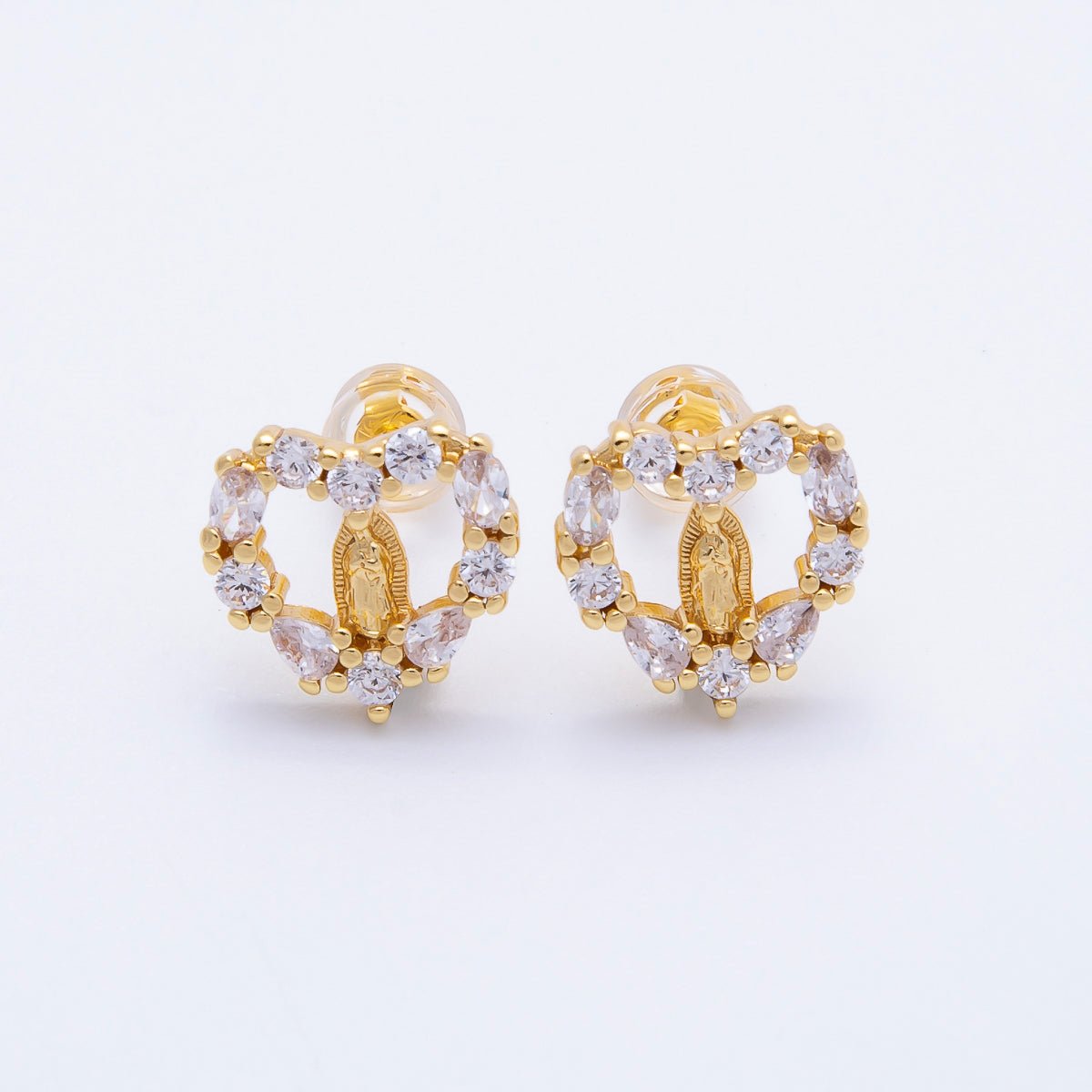 16K Gold Filled 14mm Micro Paved CZ Open Heart Religious Stud Earrings | Earrings-00349
