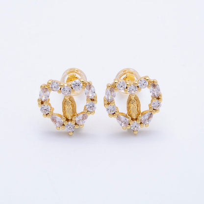 16K Gold Filled 14mm Micro Paved CZ Open Heart Religious Stud Earrings | Earrings-00349