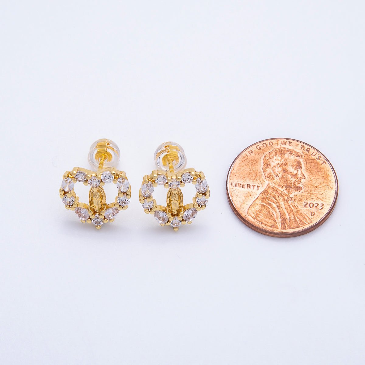 16K Gold Filled 14mm Micro Paved CZ Open Heart Religious Stud Earrings | Earrings-00349