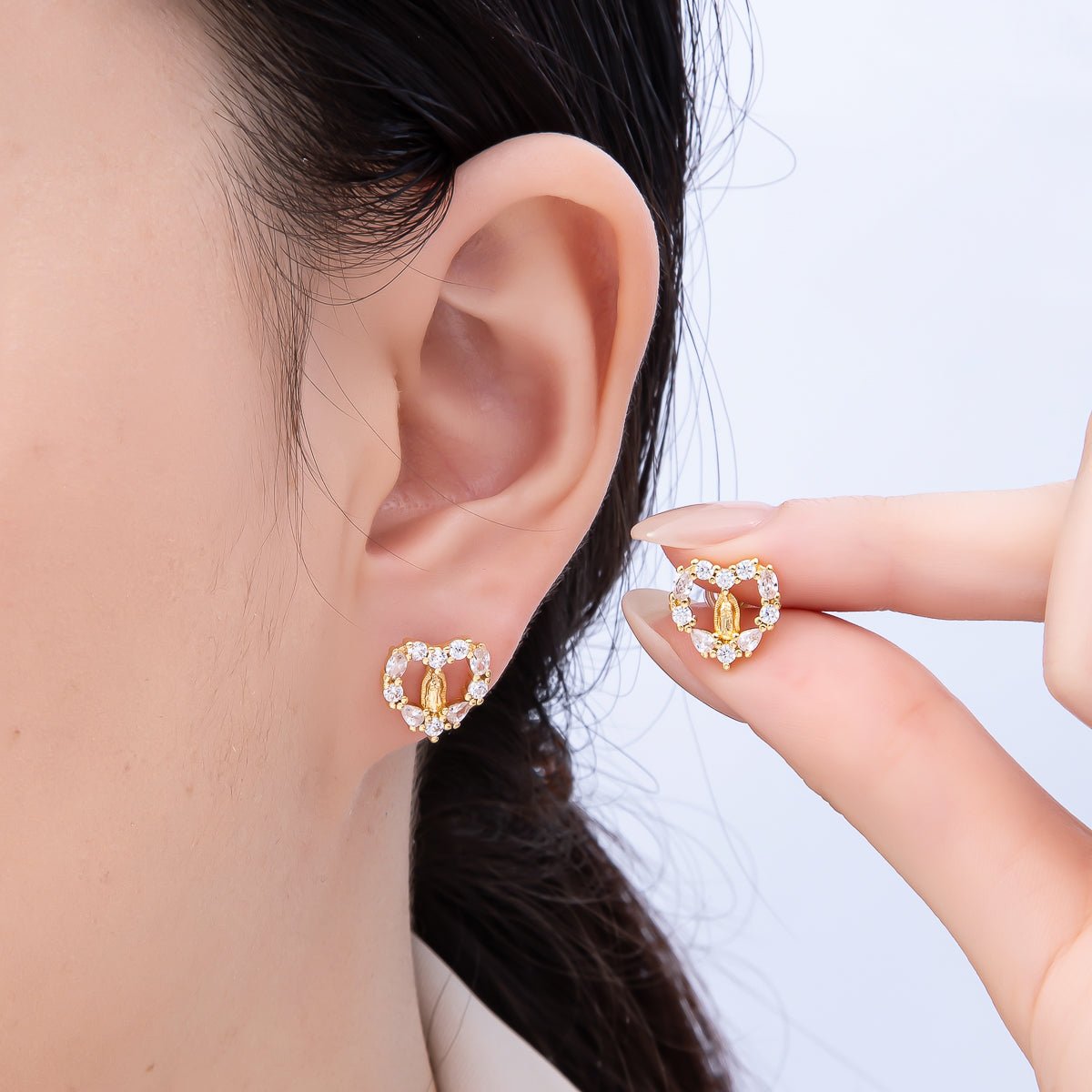16K Gold Filled 14mm Micro Paved CZ Open Heart Religious Stud Earrings | Earrings-00349