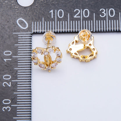16K Gold Filled 14mm Micro Paved CZ Open Heart Religious Stud Earrings | Earrings-00349