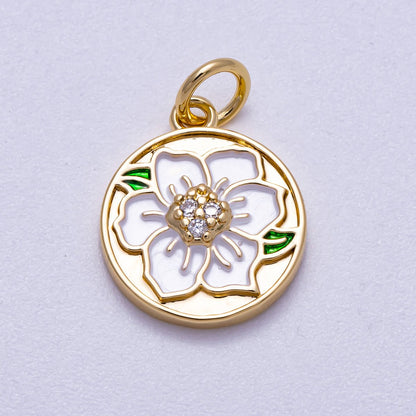 16K Gold Filled 14mm Micro Paved CZ White Enamel Lotus Flower Round Charm | Charms-00546