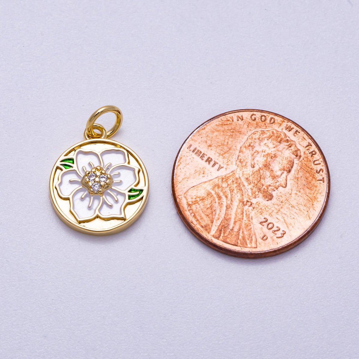 16K Gold Filled 14mm Micro Paved CZ White Enamel Lotus Flower Round Charm | Charms-00546