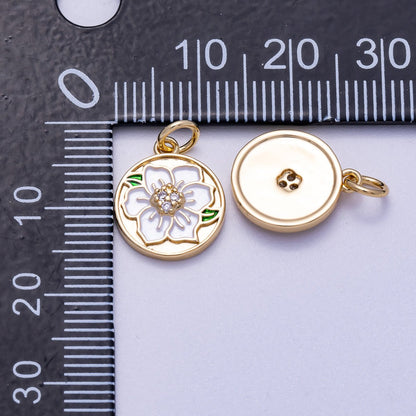 16K Gold Filled 14mm Micro Paved CZ White Enamel Lotus Flower Round Charm | Charms-00546