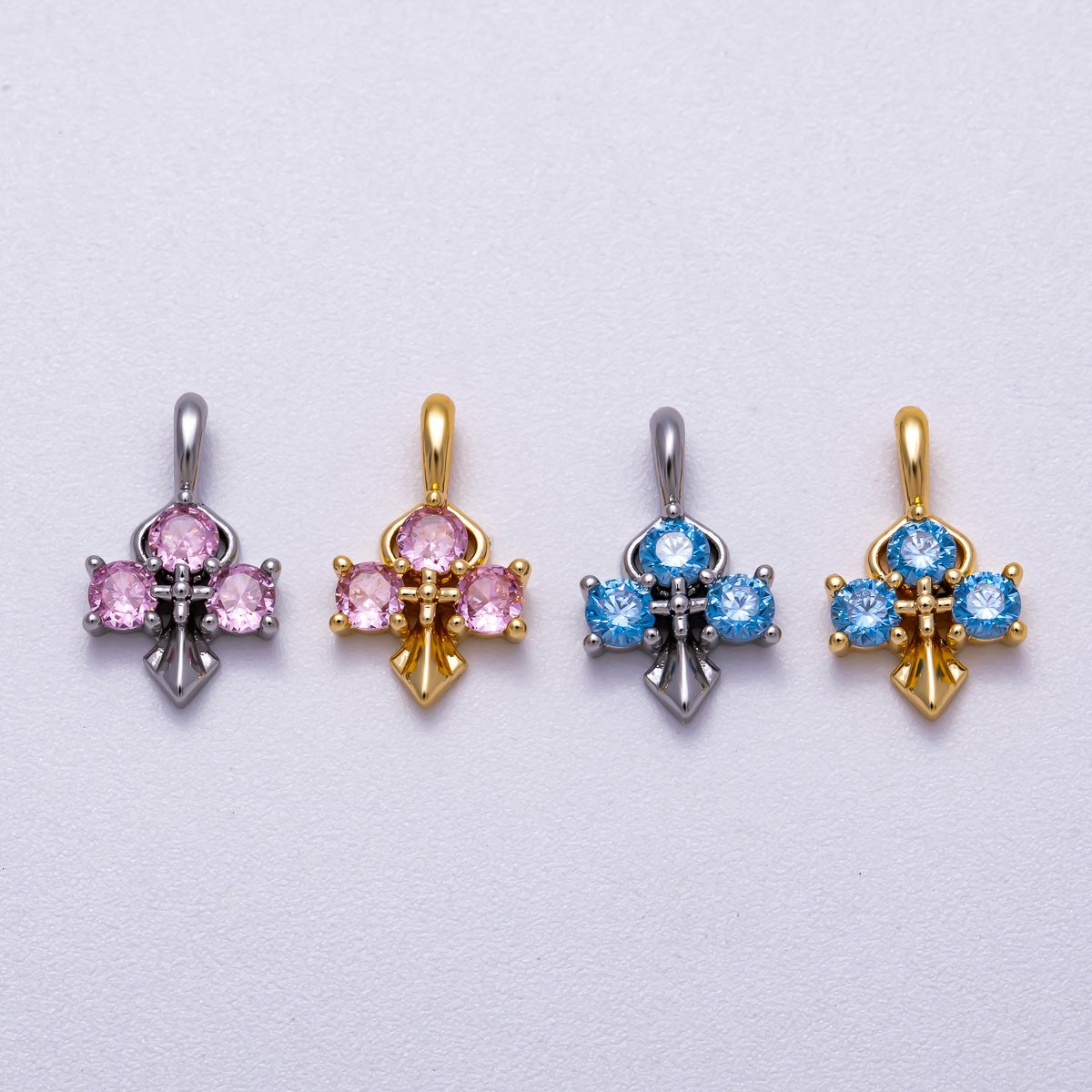 16K Gold Filled 14mm Pink, Blue CZ Mini Cross Charm in Gold &amp; Silver | Charms-00633 ~ Charms-00636