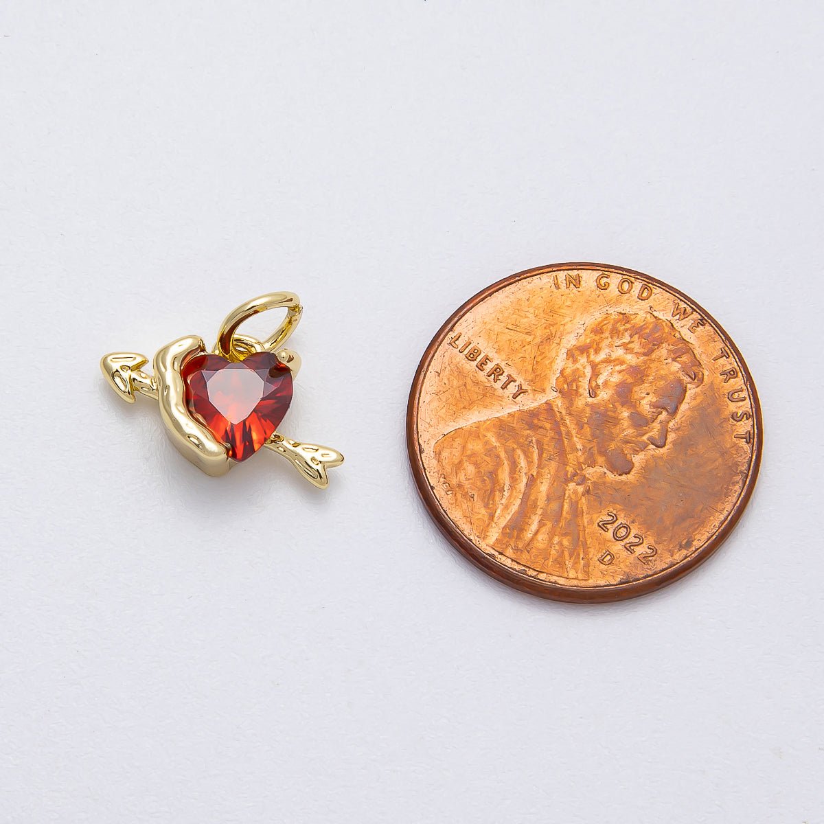16K Gold Filled 14mm Red CZ Cupid Arrow Heart Mini Charm | Charms-00460