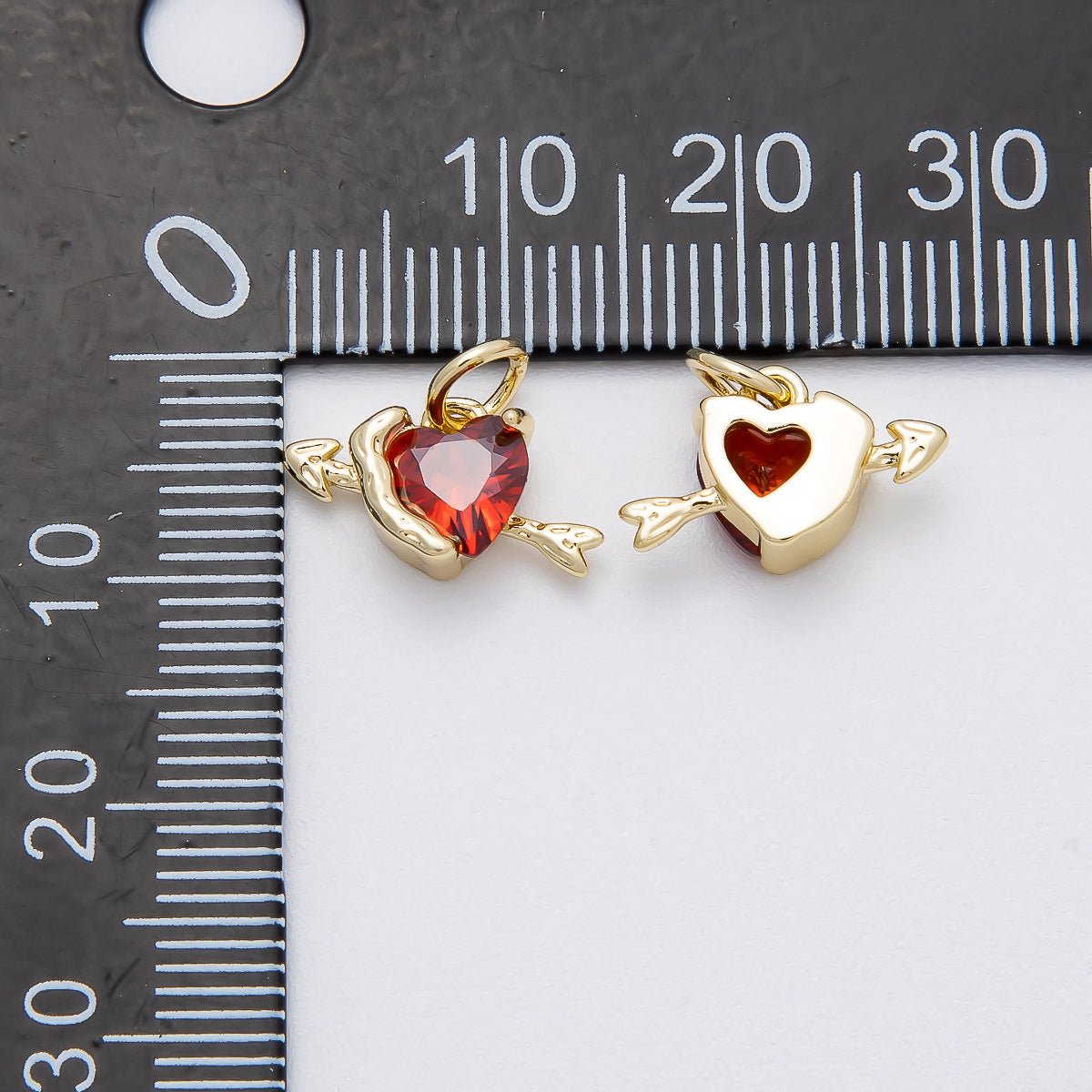 16K Gold Filled 14mm Red CZ Cupid Arrow Heart Mini Charm | Charms-00460