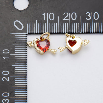 16K Gold Filled 14mm Red CZ Cupid Arrow Heart Mini Charm | Charms-00460