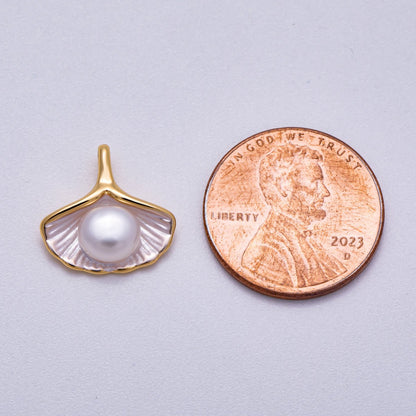 16K Gold Filled 14mm Shell Pearl Ginkgo Leaf Sea Shell Pendant | Charms-00716