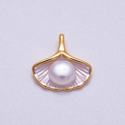 16K Gold Filled 14mm Shell Pearl Ginkgo Leaf Sea Shell Pendant | Charms-00716