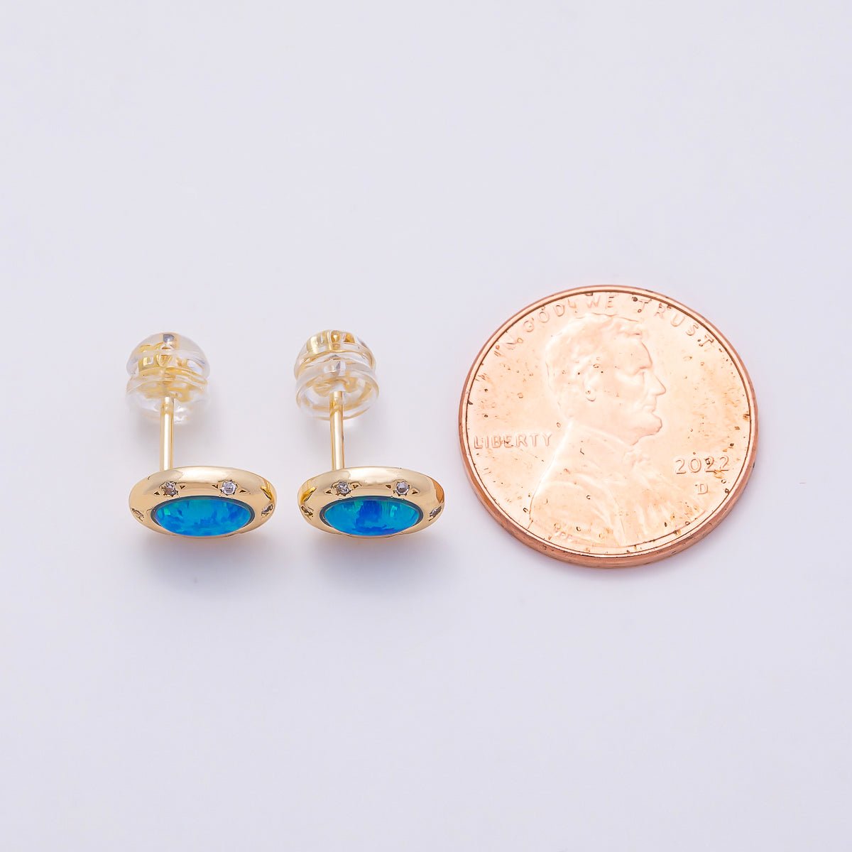 16K Gold Filled 14mm White, Blue Opal CZ Dotted Oval Bezel Stud Earrings | Earrings-00462- Earrings-00463