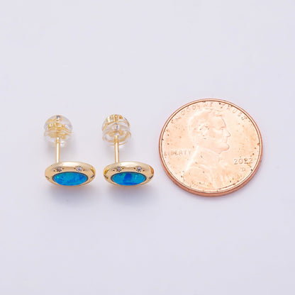 16K Gold Filled 14mm White, Blue Opal CZ Dotted Oval Bezel Stud Earrings | Earrings-00462- Earrings-00463