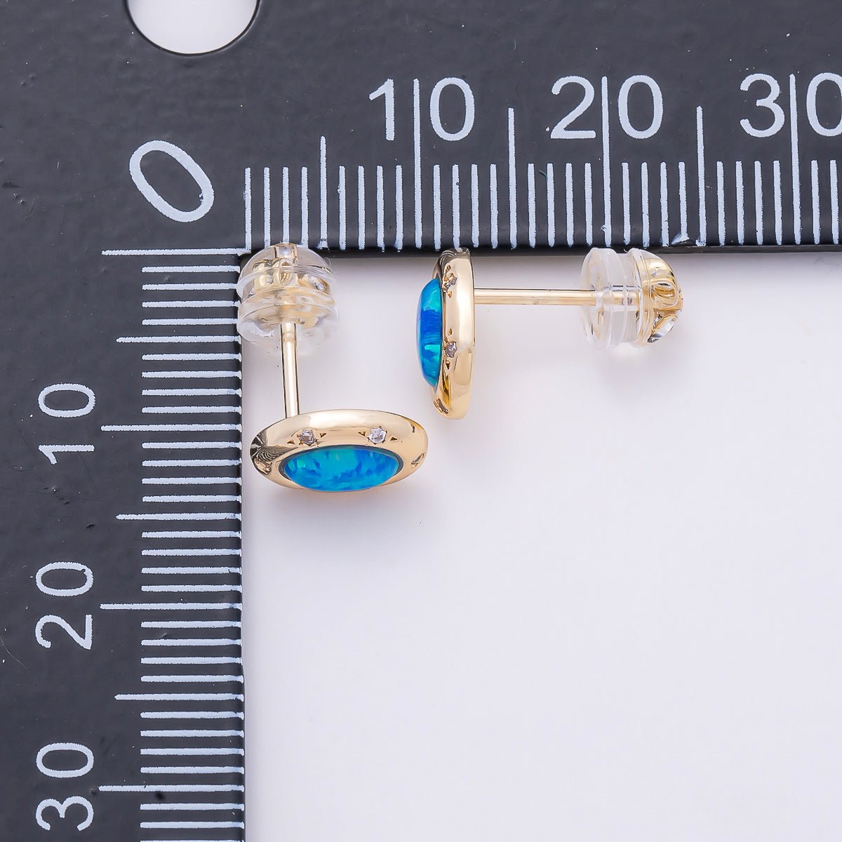 16K Gold Filled 14mm White, Blue Opal CZ Dotted Oval Bezel Stud Earrings | Earrings-00462- Earrings-00463
