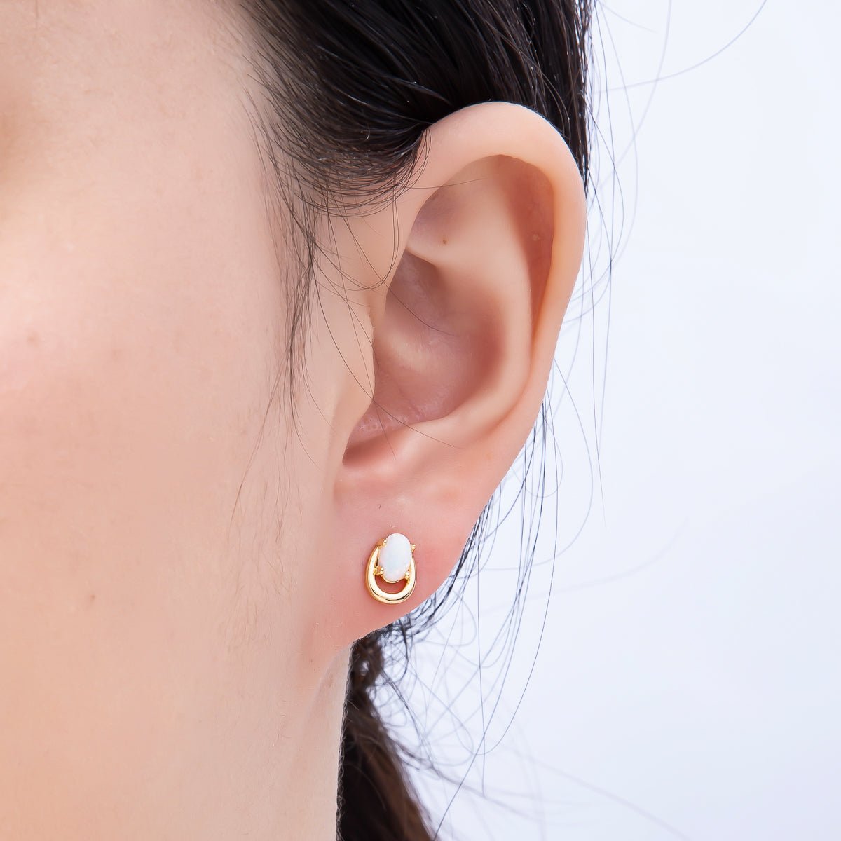 16K Gold Filled 14mm White, Blue Opal Gemstone Open Bezel Stud Earrings | Earrings-00460 Earrings-00461