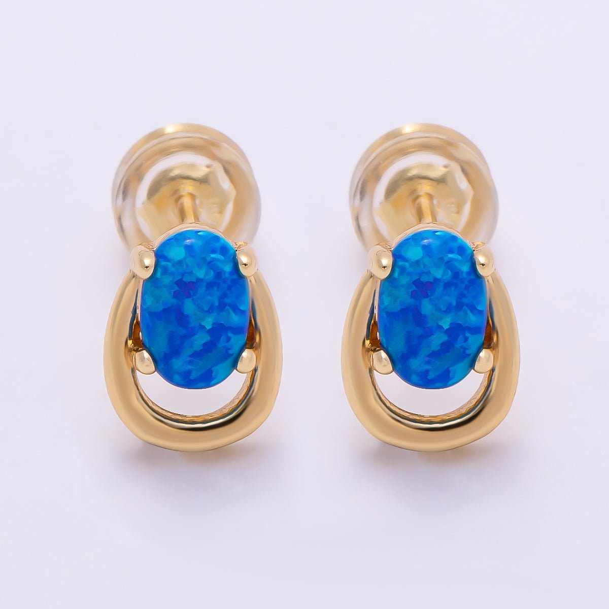 16K Gold Filled 14mm White, Blue Opal Gemstone Open Bezel Stud Earrings | Earrings-00460 Earrings-00461