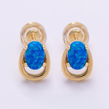 16K Gold Filled 14mm White, Blue Opal Gemstone Open Bezel Stud Earrings | Earrings-00460 Earrings-00461