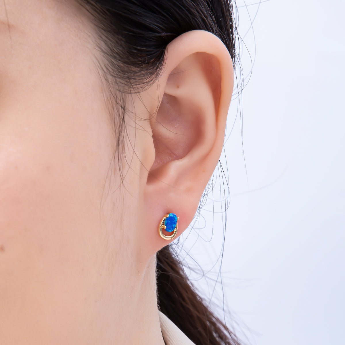 16K Gold Filled 14mm White, Blue Opal Gemstone Open Bezel Stud Earrings | Earrings-00460 Earrings-00461