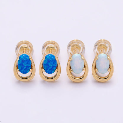 16K Gold Filled 14mm White, Blue Opal Gemstone Open Bezel Stud Earrings | Earrings-00460 Earrings-00461