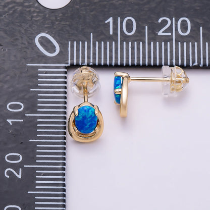 16K Gold Filled 14mm White, Blue Opal Gemstone Open Bezel Stud Earrings | Earrings-00460 Earrings-00461
