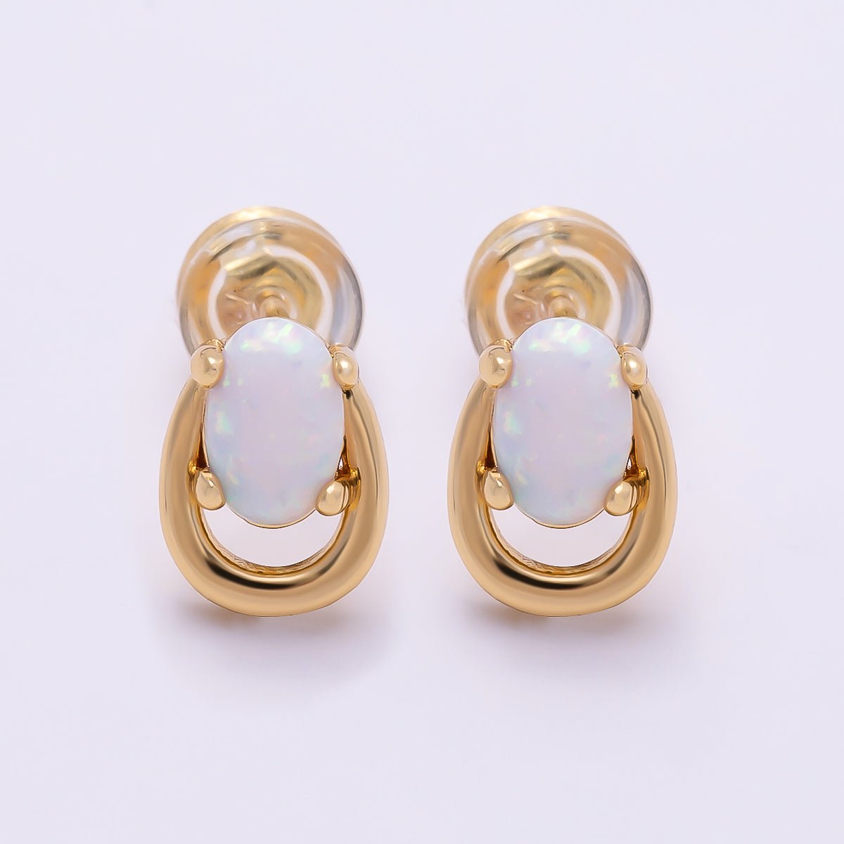 16K Gold Filled 14mm White, Blue Opal Gemstone Open Bezel Stud Earrings | Earrings-00460 Earrings-00461