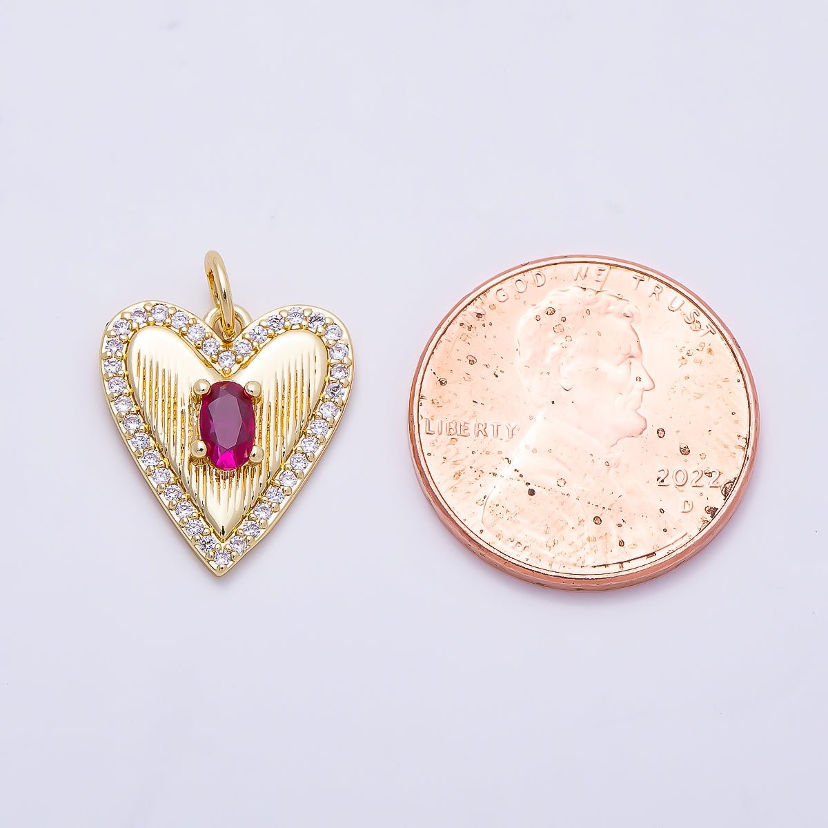 16K Gold Filled 15.5mm Fuchsia Oval CZ Micro Paved Ribbed Heart Charm | Charms-01272