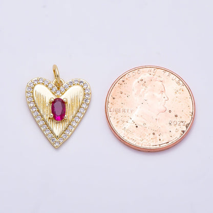 16K Gold Filled 15.5mm Fuchsia Oval CZ Micro Paved Ribbed Heart Charm | Charms-01272