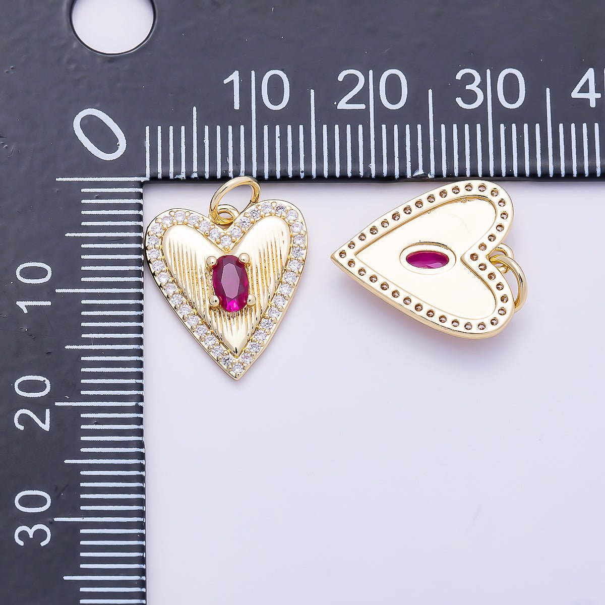 16K Gold Filled 15.5mm Fuchsia Oval CZ Micro Paved Ribbed Heart Charm | Charms-01272