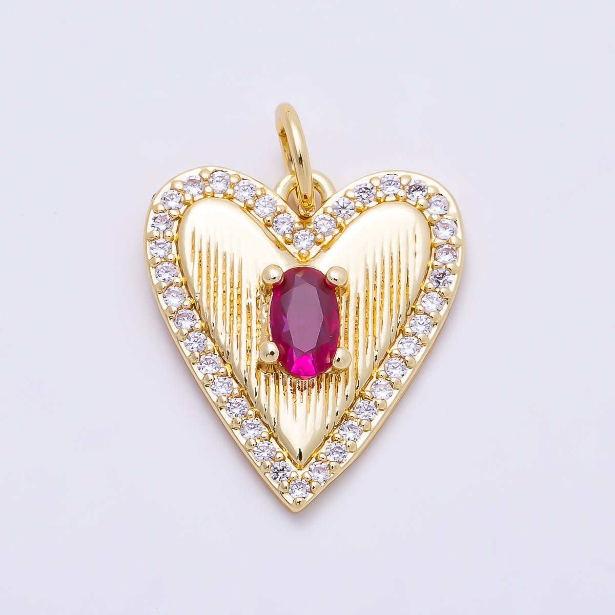 16K Gold Filled 15.5mm Fuchsia Oval CZ Micro Paved Ribbed Heart Charm | Charms-01272