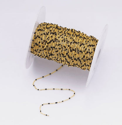 16K Gold Filled 1.5mm Black Enamel Ball Satellite Unfinished Chain by Yard | Roll-01866