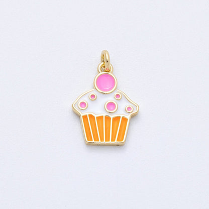 16K Gold Filled 15mm Brown, Pink Enamel Cupcake Pastry Charm | Charms-00155 Charms-00156