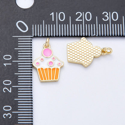 16K Gold Filled 15mm Brown, Pink Enamel Cupcake Pastry Charm | Charms-00155 Charms-00156